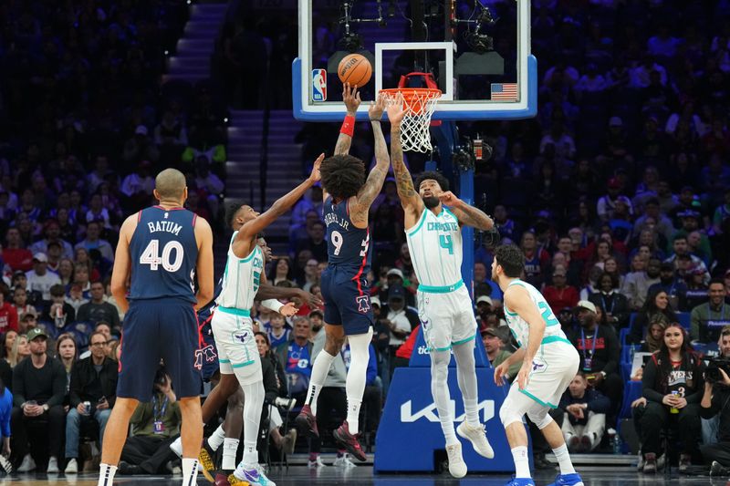 PHILADELPHIA, PA - MARCH 16: Kelly Oubre Jr. #9 of the Philadelphia 76ers shoots the ball during the game against the Charlotte Hornets on March 16, 2024 at the Wells Fargo Center in Philadelphia, Pennsylvania NOTE TO USER: User expressly acknowledges and agrees that, by downloading and/or using this Photograph, user is consenting to the terms and conditions of the Getty Images License Agreement. Mandatory Copyright Notice: Copyright 2024 NBAE (Photo by Jesse D. Garrabrant/NBAE via Getty Images)