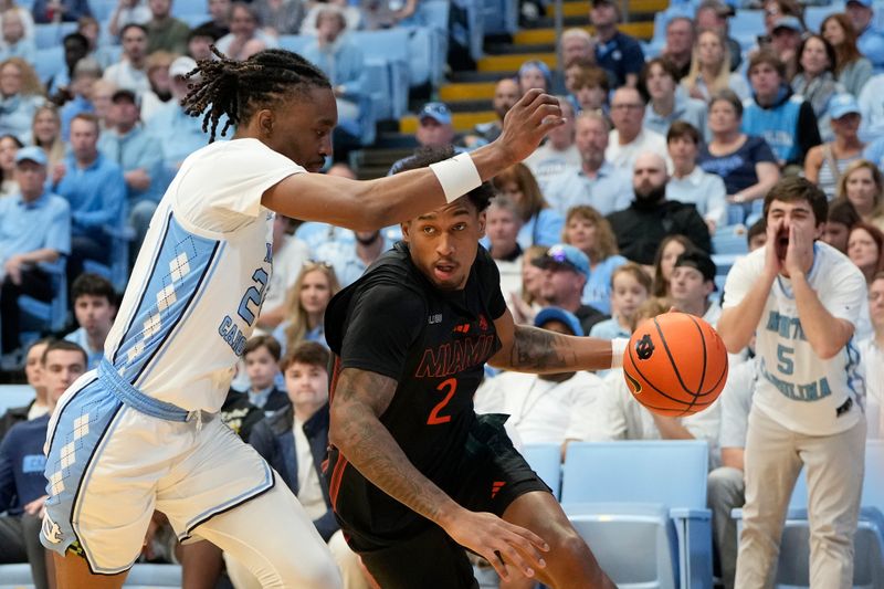 Mar 1, 2025; Chapel Hill, North Carolina, USA;  Miami (Fl) Hurricanes forward Brandon Johnson (2) with the ball as North Carolina Tar Heels forward Jae'Lyn Withers (24) defends in the first half at Dean E. Smith Center. Mandatory Credit: Bob Donnan-Imagn Images