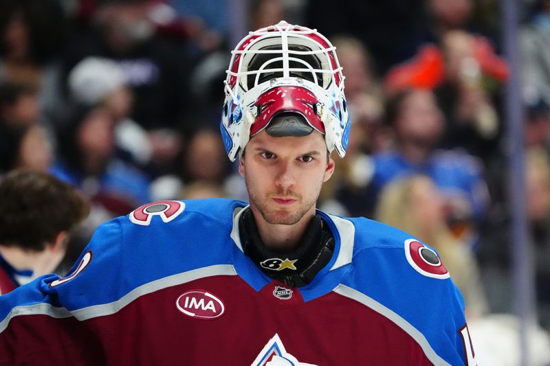 Nov 30, 2024; Denver, Colorado, USA; Colorado Avalanche goaltender Alexandar Georgiev (40) during the third period against the Edmonton Oilers at Ball Arena. Mandatory Credit: Ron Chenoy-Imagn Images