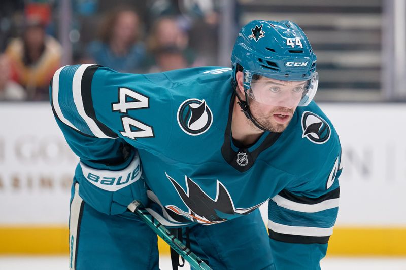 Jan 25, 2025; San Jose, California, USA; San Jose Sharks defenseman Marc-Edouard Vlasic (44) waits for a faceoff against the Florida Panthers during the third period at SAP Center at San Jose. Mandatory Credit: Robert Edwards-Imagn Images