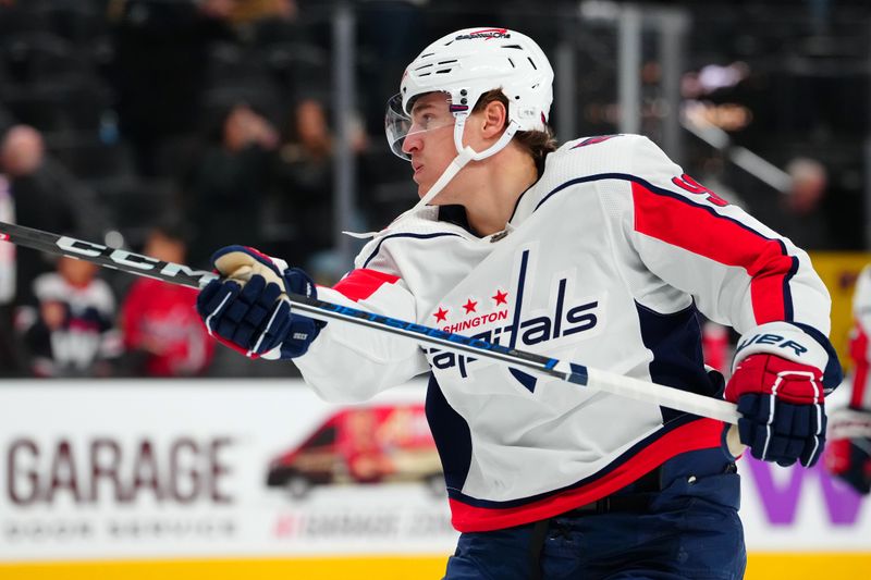 Dec 2, 2023; Las Vegas, Nevada, USA; Washington Capitals right wing Nicolas Aube-Kubel (96) warms up before a game against the Vegas Golden Knights at T-Mobile Arena. Mandatory Credit: Stephen R. Sylvanie-USA TODAY Sports