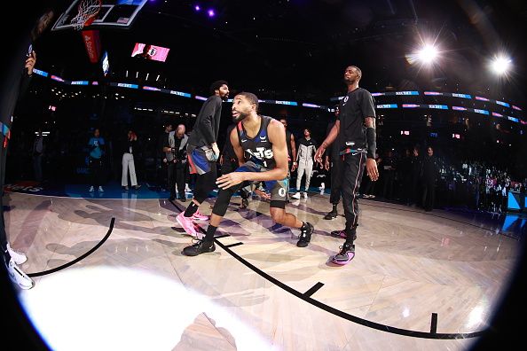 BROOKLYN, NY - NOVEMBER 30: Mikal Bridges #1 of the Brooklyn Nets is introduced before the game against the Charlotte Hornets on November 30, 2023 at Barclays Center in Brooklyn, New York. NOTE TO USER: User expressly acknowledges and agrees that, by downloading and or using this Photograph, user is consenting to the terms and conditions of the Getty Images License Agreement. Mandatory Copyright Notice: Copyright 2023 NBAE (Photo by Nathaniel S. Butler/NBAE via Getty Images)