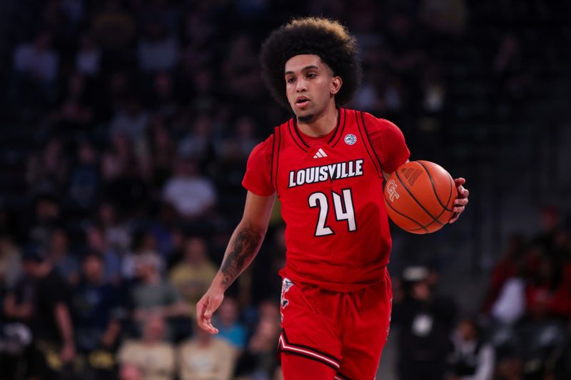 Feb 1, 2025; Atlanta, Georgia, USA; Louisville Cardinals guard Chucky Hepburn (24) dribbles against the Georgia Tech Yellow Jackets in the first half at McCamish Pavilion. Mandatory Credit: Brett Davis-Imagn Images