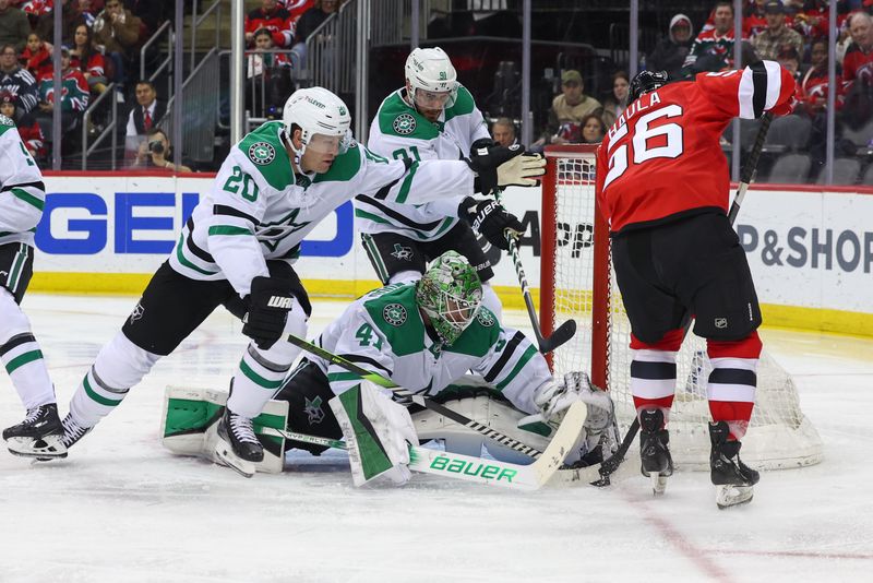 Jan 20, 2024; Newark, New Jersey, USA; Dallas Stars goaltender Scott Wedgewood (41) makes a save against the New Jersey Devils during the second period at Prudential Center. Mandatory Credit: Ed Mulholland-USA TODAY Sports