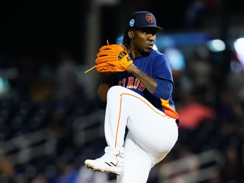 Mar 18, 2023; West Palm Beach, Florida, USA; Houston Astros relief pitcher Rafael Montero (47) throws a pitch against the New York Mets during the seventh inning at The Ballpark of the Palm Beaches. Mandatory Credit: Rich Storry-USA TODAY Sports