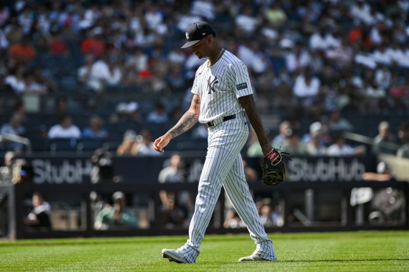 Jun 20, 2024; Bronx, New York, USA; New York Yankees pitcher Luis Gil (81) leaves the mound during the second inning against the Baltimore Orioles at Yankee Stadium. Mandatory Credit: John Jones-USA TODAY Sports