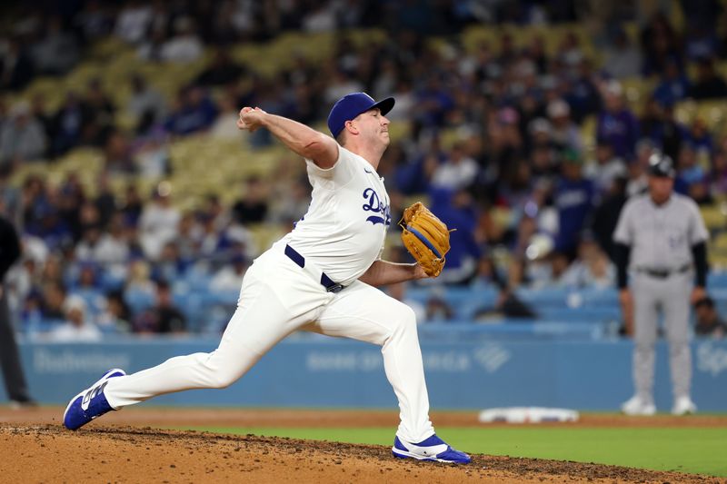 Jun 1, 2024; Los Angeles, California, USA;  Los Angeles Dodgers relief pitcher Evan Phillips (59) pitches during the ninth inning against the Colorado Rockies at Dodger Stadium. Mandatory Credit: Kiyoshi Mio-USA TODAY Sports