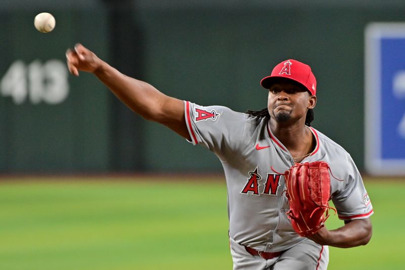 Jun 12, 2024; Phoenix, Arizona, USA; Los Angeles Angels pitcher José Soriano (59) throws in the first inning against the Arizona Diamondbacks at Chase Field. Mandatory Credit: Matt Kartozian-USA TODAY Sports