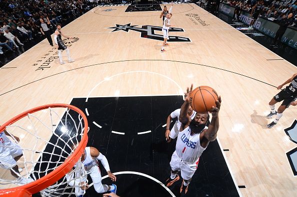 SAN ANTONIO, TX - NOVEMBER 22: James Harden #1 of the LA Clippers grabs a rebound during the game against the San Antonio Spurs on November 22, 2023 at the Frost Bank Center in San Antonio, Texas. NOTE TO USER: User expressly acknowledges and agrees that, by downloading and or using this photograph, user is consenting to the terms and conditions of the Getty Images License Agreement. Mandatory Copyright Notice: Copyright 2023 NBAE (Photos by Michael Gonzales/NBAE via Getty Images)