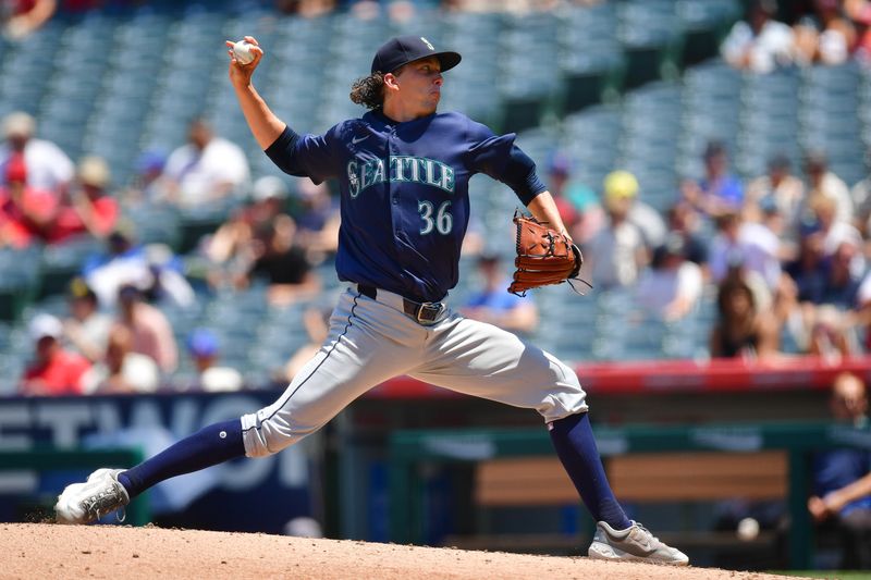 Jul 14, 2024; Anaheim, California, USA; Seattle Mariners pitcher Logan Gilbert (36) throws against the Los Angeles Angels during the fourth inning at Angel Stadium. Mandatory Credit: Gary A. Vasquez-USA TODAY Sports