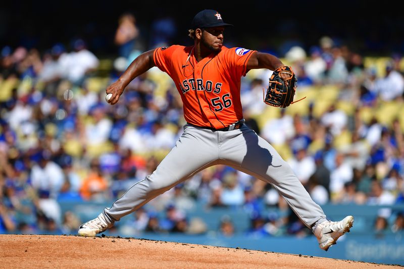 Jun 24, 2023; Los Angeles, California, USA; Houston Astros relief pitcher Ronel Blanco (56) throws against the Los Angeles Dodgers during the first inning at Dodger Stadium. Mandatory Credit: Gary A. Vasquez-USA TODAY Sports