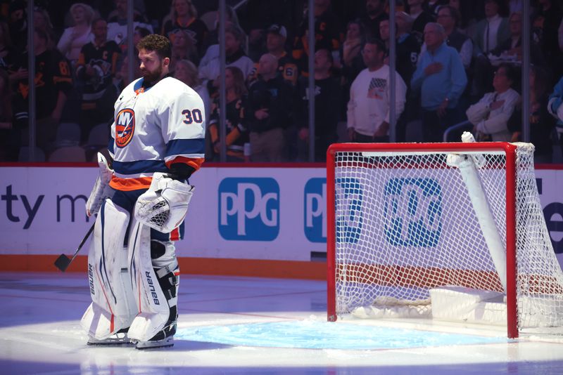 Oct 9, 2025; Pittsburgh, Pennsylvania, USA;  New York Islanders goaltender Ilya Sorokin (30) stands for the national anthem against the Pittsburgh Penguins at PPG Paints Arena. Mandatory Credit: Charles LeClaire-Imagn Images