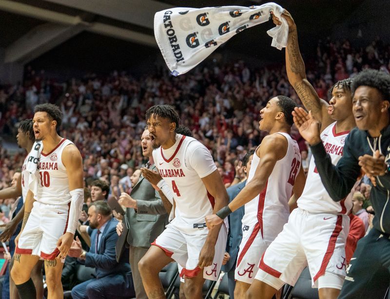 Jan 25, 2023; Tuscaloosa, Alabama, USA; Alabama Crimson Tide bench reacts after a shot against Mississippi State Bulldogs during the second half at Coleman Coliseum. Mandatory Credit: Marvin Gentry-USA TODAY Sports