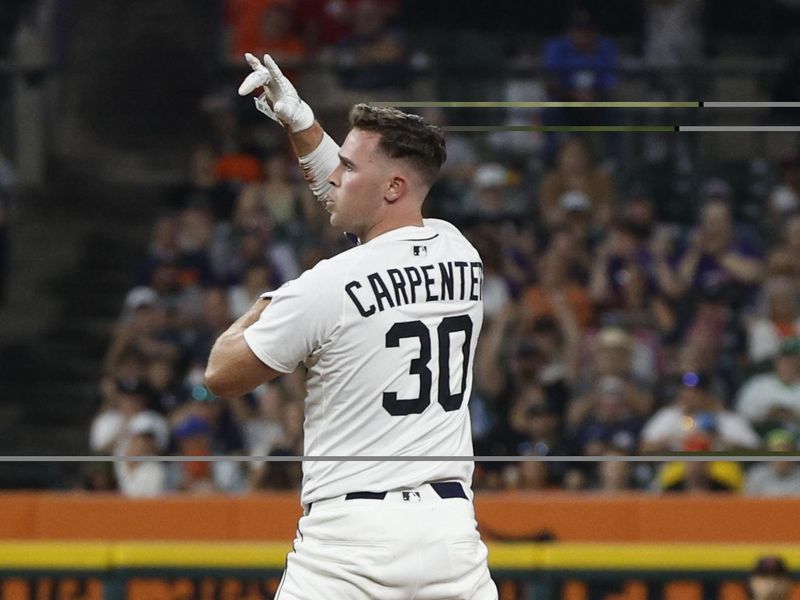 Sep 17, 2025; Detroit, Michigan, USA; Detroit Tigers right fielder Kerry Carpenter (30) reacts after being called safe at second base during the seventh inning at Comerica Park. Mandatory Credit: Brian Bradshaw Sevald-Imagn Images