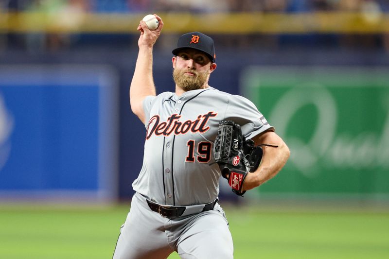 Apr 24, 2024; St. Petersburg, Florida, USA;  Detroit Tigers pitcher Will Vest (19) throws a pitch against the Tampa Bay Rays in the sixth inning at Tropicana Field. Mandatory Credit: Nathan Ray Seebeck-USA TODAY Sports