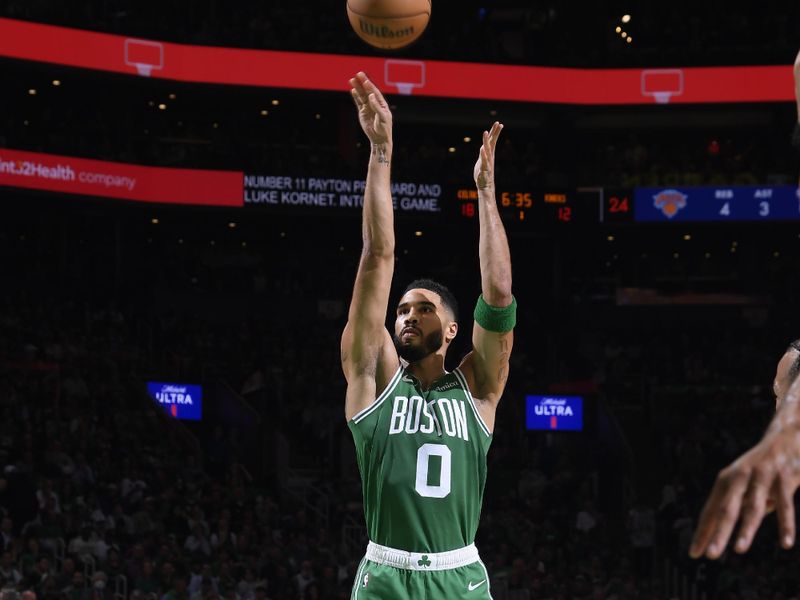 BOSTON, MA - OCTOBER 22: Jayson Tatum #0 of the Boston Celtics shoots the ball during the game against the New York Knicks on October 22, 2024 at TD Garden in Boston, Massachusetts. NOTE TO USER: User expressly acknowledges and agrees that, by downloading and/or using this Photograph, user is consenting to the terms and conditions of the Getty Images License Agreement. Mandatory Copyright Notice: Copyright 2024 NBAE (Photo by Brian Babineau/NBAE via Getty Images)