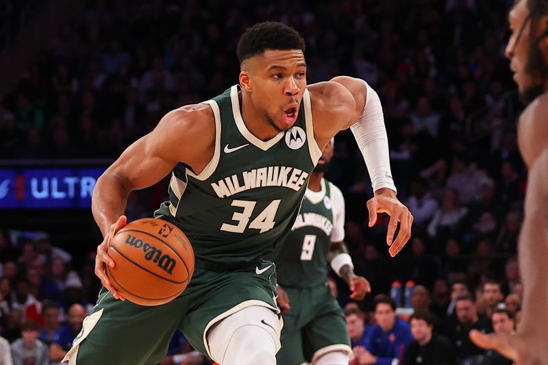 NEW YORK, NEW YORK - DECEMBER 25:  Giannis Antetokounmpo #34 of the Milwaukee Bucks drives to the basket against the New York Knicks during the fourth quarter at Madison Square Garden on December 25, 2023 in New York City.  NOTE TO USER: User expressly acknowledges and agrees that, by downloading and or using this photograph, User is consenting to the terms and conditions of the Getty Images License Agreement. (Photo by Rich Graessle/Getty Images)