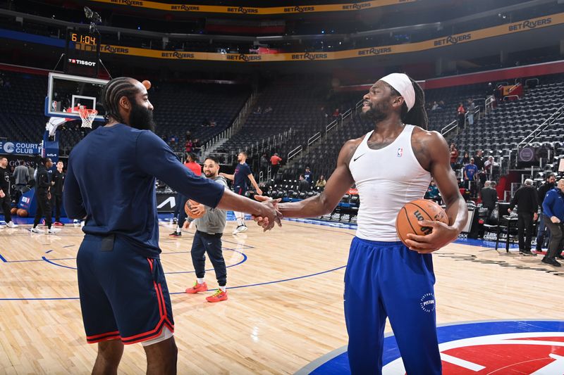 DETROIT, MI - FEBRUARY 24: James Harden #1 of the LA Clippers and Isaiah Stewart #28 of the Detroit Pistons high five before the game on February 24, 2025 at Little Caesars Arena in Detroit, Michigan. NOTE TO USER: User expressly acknowledges and agrees that, by downloading and/or using this photograph, User is consenting to the terms and conditions of the Getty Images License Agreement. Mandatory Copyright Notice: Copyright 2025 NBAE (Photo by Chris Schwegler/NBAE via Getty Images)