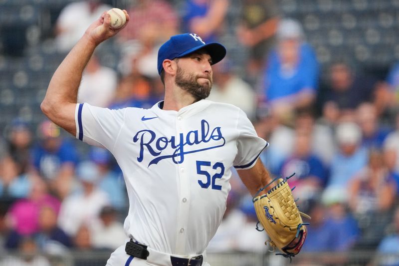 Jul 24, 2024; Kansas City, Missouri, USA; Kansas City Royals pitcher Michael Wacha (52) delivers a pitch against the Arizona Diamondbacks in the first inning at Kauffman Stadium. Mandatory Credit: Denny Medley-USA TODAY Sports