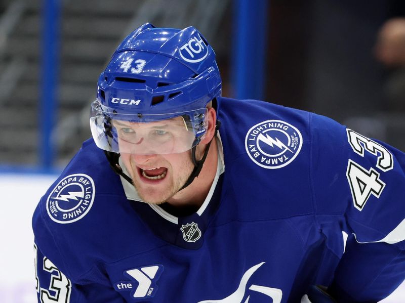 Nov 24, 2025; Tampa, Florida, USA; Tampa Bay Lightning defenseman Darren Raddysh (43) looks on against the Philadelphia Flyers during the second period at Benchmark International Arena. Mandatory Credit: Kim Klement Neitzel-Imagn Images
