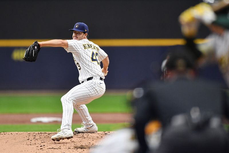 Apr 20, 2025; Milwaukee, Wisconsin, USA; Milwaukee Brewers starting pitcher Logan Henderson (43) pitches during the second inning against the Athletics in his MLB debut at American Family Field. Mandatory Credit: Patrick Gorski-Imagn Images