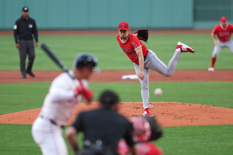 Jun 3, 2025; Boston, Massachusetts, USA; Los Angeles Angels starting pitcher Yusei Kikuchi (16) delivers a pitch during the first inning against the Boston Red Sox at Fenway Park. Mandatory Credit: Paul Rutherford-Imagn Images