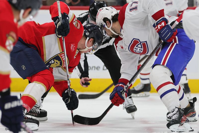 Feb 29, 2024; Sunrise, Florida, USA; Florida Panthers left wing Matthew Tkachuk (19) and Montreal Canadiens right wing Josh Anderson (17) face-off during the first period at Amerant Bank Arena. Mandatory Credit: Sam Navarro-USA TODAY Sports