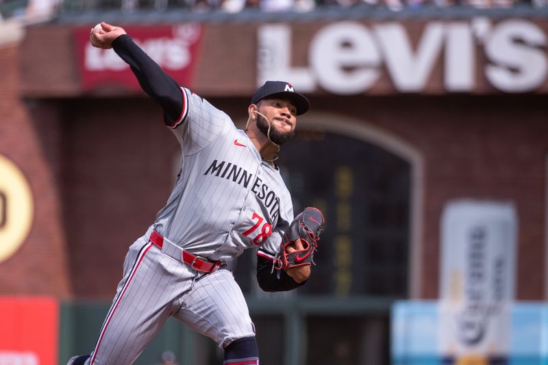 Jul 13, 2024; San Francisco, California, USA; Minnesota Twins pitcher Simeon Woods Richardson (78) throws a pitch against the San Francisco Giants during the first inning at Oracle Park. Mandatory Credit: Ed Szczepanski-USA TODAY Sports