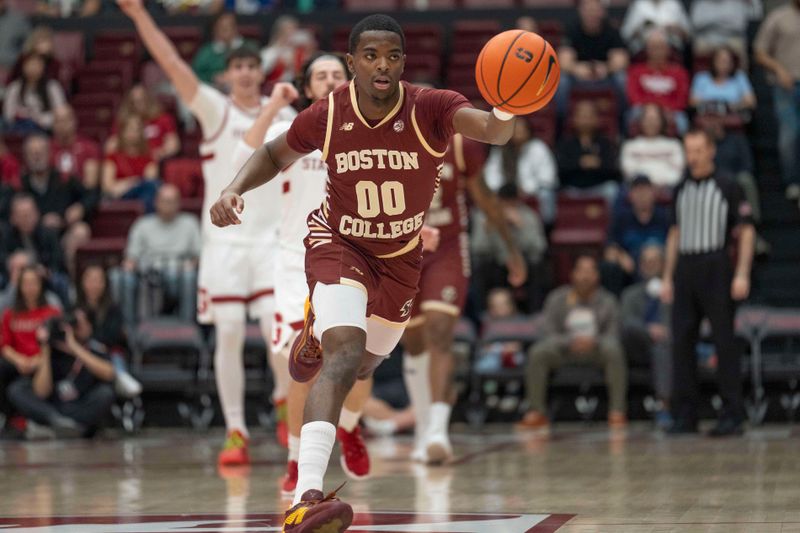 Feb 26, 2025; Stanford, California, USA;  Boston College Eagles guard Chas Kelley III (00) chases after the ball during the first half against the Stanford Cardinal at Maples Pavilion. Mandatory Credit: Stan Szeto-Imagn Images