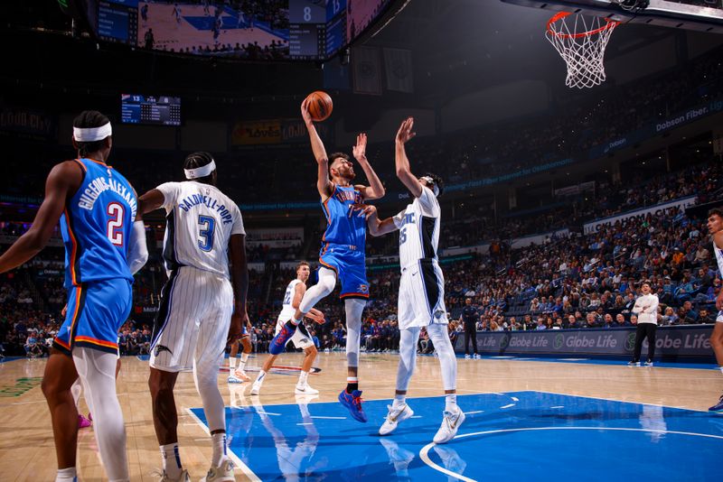 OKLAHOMA CITY, OK - NOVEMBER 4:  Chet Holmgren #7 of the Oklahoma City Thunder shoots the ball during the game against the Orlando Magic on November 4, 2024 at Paycom Center in Oklahoma City, Oklahoma. NOTE TO USER: User expressly acknowledges and agrees that, by downloading and or using this photograph, User is consenting to the terms and conditions of the Getty Images License Agreement. Mandatory Copyright Notice: Copyright 2024 NBAE (Photo by Zach Beeker/NBAE via Getty Images)