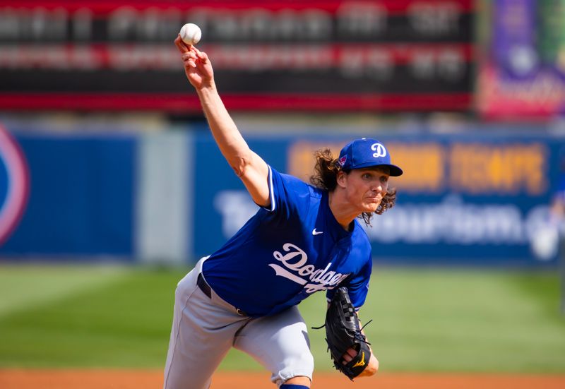 Feb 24, 2024; Tempe, Arizona, USA; Los Angeles Dodgers pitcher Tyler Glasnow against the Los Angeles Angels during a spring training game at Tempe Diablo Stadium. Mandatory Credit: Mark J. Rebilas-USA TODAY Sports