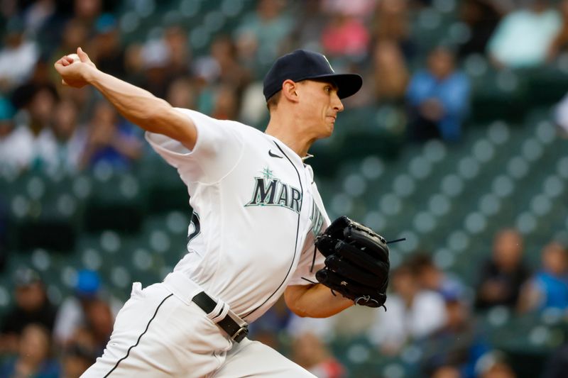 Jun 13, 2023; Seattle, Washington, USA; Seattle Mariners starting pitcher George Kirby (68) throws against the Miami Marlins during the first inning at T-Mobile Park. Mandatory Credit: Joe Nicholson-USA TODAY Sports