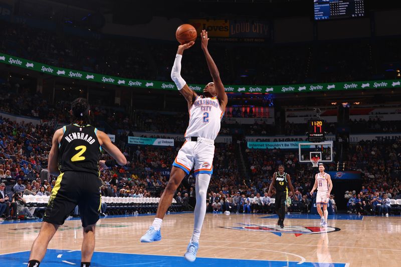 OKLAHOMA CITY, OK - MARCH 12: Shai Gilgeous-Alexander #2 of the Oklahoma City Thunder shoots the ball during the game against the Indiana Pacers on March 12, 2024 at Paycom Arena in Oklahoma City, Oklahoma. NOTE TO USER: User expressly acknowledges and agrees that, by downloading and or using this photograph, User is consenting to the terms and conditions of the Getty Images License Agreement. Mandatory Copyright Notice: Copyright 2024 NBAE (Photo by Zach Beeker/NBAE via Getty Images)