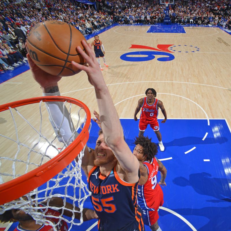 PHILADELPHIA, PA - APRIL 28: Isaiah Hartenstein #55 of the New York Knicks dunks the ball during the game against the Philadelphia 76ers during Round 1 Game 4 of the 2024 NBA Playoffs on April 28, 2024 at the Wells Fargo Center in Philadelphia, Pennsylvania NOTE TO USER: User expressly acknowledges and agrees that, by downloading and/or using this Photograph, user is consenting to the terms and conditions of the Getty Images License Agreement. Mandatory Copyright Notice: Copyright 2024 NBAE (Photo by Jesse D. Garrabrant/NBAE via Getty Images)