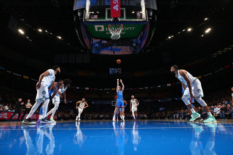 OKLAHOMA CITY, OK - JANUARY 29: Josh Giddey #3 of the Oklahoma City Thunder shoots a free throw during the game against the Minnesota Timberwolves on January 29, 2024 at Paycom Arena in Oklahoma City, Oklahoma. NOTE TO USER: User expressly acknowledges and agrees that, by downloading and or using this photograph, User is consenting to the terms and conditions of the Getty Images License Agreement. Mandatory Copyright Notice: Copyright 2024 NBAE (Photo by Zach Beeker/NBAE via Getty Images)