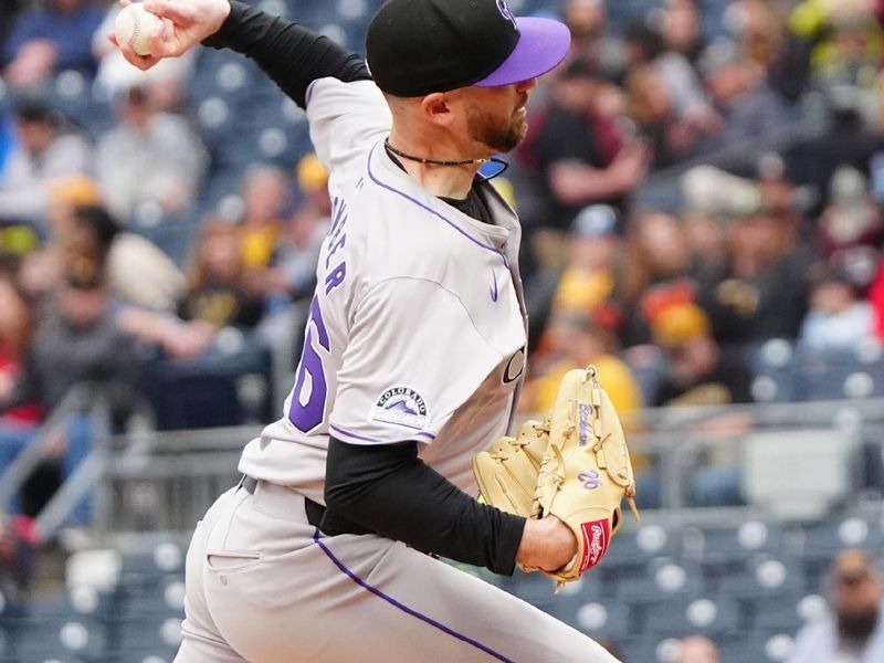 May 4, 2024; Pittsburgh, Pennsylvania, USA; Colorado Rockies pitcher Austin Gomber (26) delivers a pitch against the Pittsburgh Pirates during the first inning at PNC Park. Mandatory Credit: Gregory Fisher-USA TODAY Sports