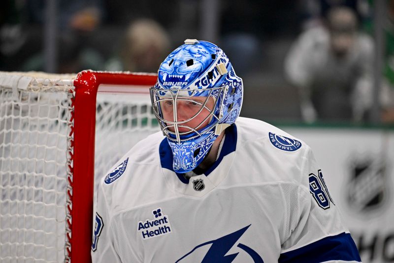 Mar 20, 2025; Dallas, Texas, USA; Tampa Bay Lightning goaltender Andrei Vasilevskiy (88) warms up before the second period against the Dallas Stars at the American Airlines Center. Mandatory Credit: Jerome Miron-Imagn Images