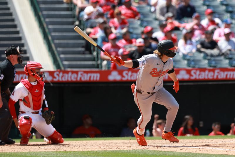 Apr 24, 2024; Anaheim, California, USA;  Baltimore Orioles shortstop Gunnar Henderson (2) hits a double during the fifth inning against the Los Angeles Angels at Angel Stadium. Mandatory Credit: Kiyoshi Mio-USA TODAY Sports