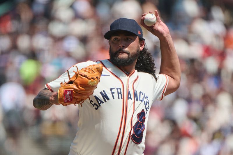 Aug 26, 2023; San Francisco, California, USA; San Francisco Giants pitcher Sean Manaea (52) throws a pitch against the Atlanta Braves during the second inning at Oracle Park. Mandatory Credit: Robert Edwards-USA TODAY Sports