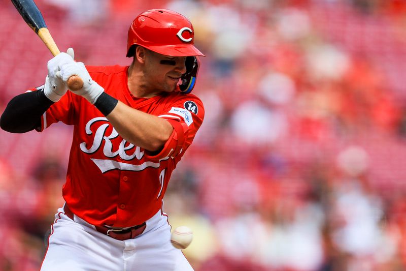 Aug 17, 2025; Cincinnati, Ohio, USA; Cincinnati Reds first baseman Spencer Steer (7) at bat in the eighth inning against the Milwaukee Brewers at Great American Ball Park. Mandatory Credit: Katie Stratman-Imagn Images