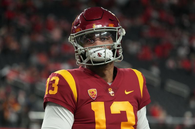 Dec 2, 2022; Las Vegas, NV, USA; A detailed view of the fingernails of Southern California Trojans quarterback Caleb Williams reacts during the Pac-12 Championship at Allegiant Stadium. Mandatory Credit: Kirby Lee-USA TODAY Sports