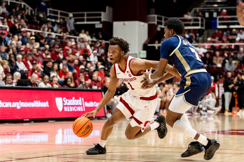 Feb 7, 2026; Stanford, California, USA;  Stanford Cardinal guard Ebuka Okorie (1) drives past Georgia Tech Yellow Jackets guard Chas Kelley III (7) during the first half at Maples Pavilion. Mandatory Credit: John Hefti-Imagn Images