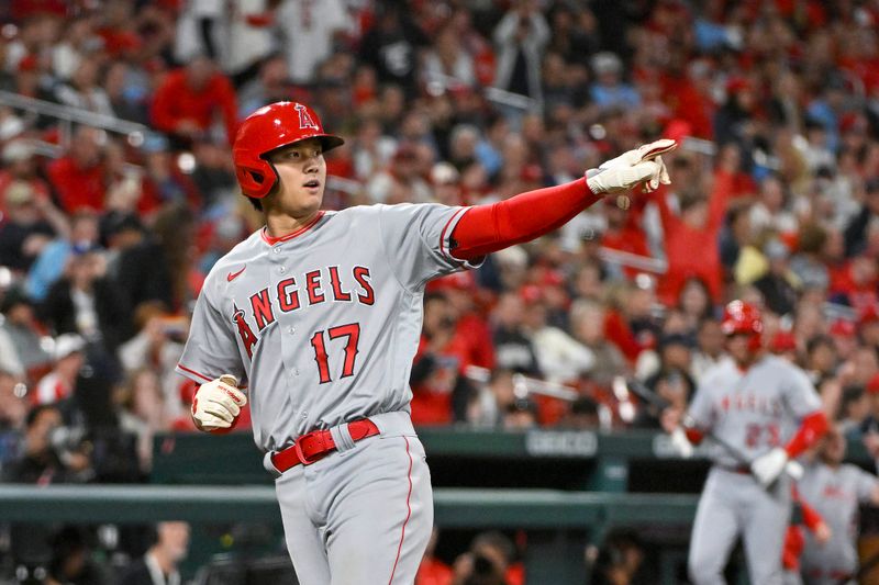 May 3, 2023; St. Louis, Missouri, USA;  Los Angeles Angels starting pitcher Shohei Ohtani (17) reacts after scoring against the St. Louis Cardinals during the ninth inning at Busch Stadium. Mandatory Credit: Jeff Curry-USA TODAY Sports