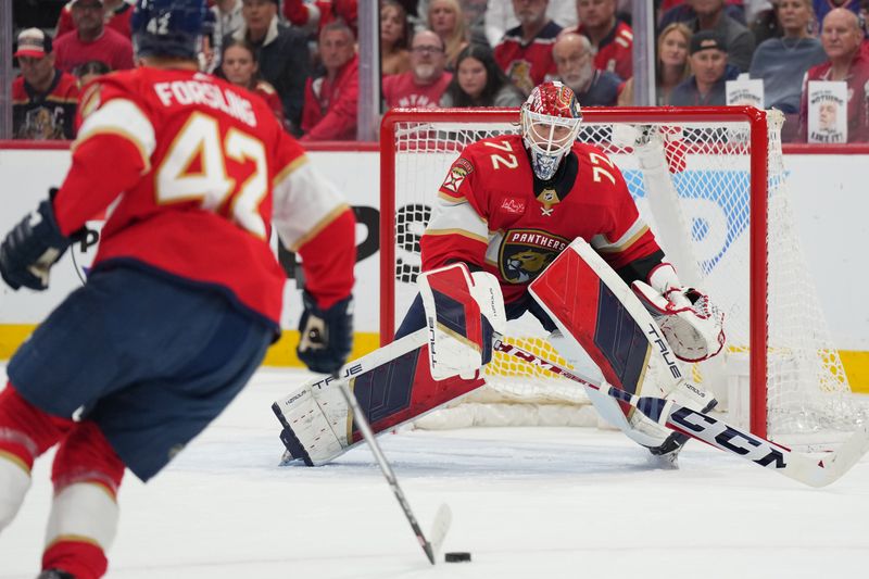 Apr 29, 2024; Sunrise, Florida, USA; Florida Panthers goaltender Sergei Bobrovsky (72) keeps an eye on the puck against the Tampa Bay Lightning during the first period in game five of the first round of the 2024 Stanley Cup Playoffs at Amerant Bank Arena. Mandatory Credit: Jim Rassol-USA TODAY Sports