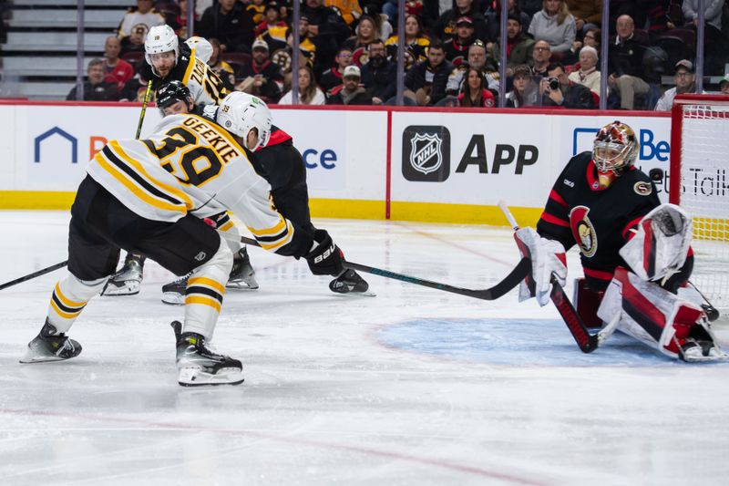 Jan 18, 2025; Ottawa, Ontario, CAN; Boston Bruins center Morgan Geekie (39) scores against Ottawa Senators goalie Leevi Merilainen (1) in the second period at the Canadian Tire Centre. Mandatory Credit: Marc DesRosiers-Imagn Images