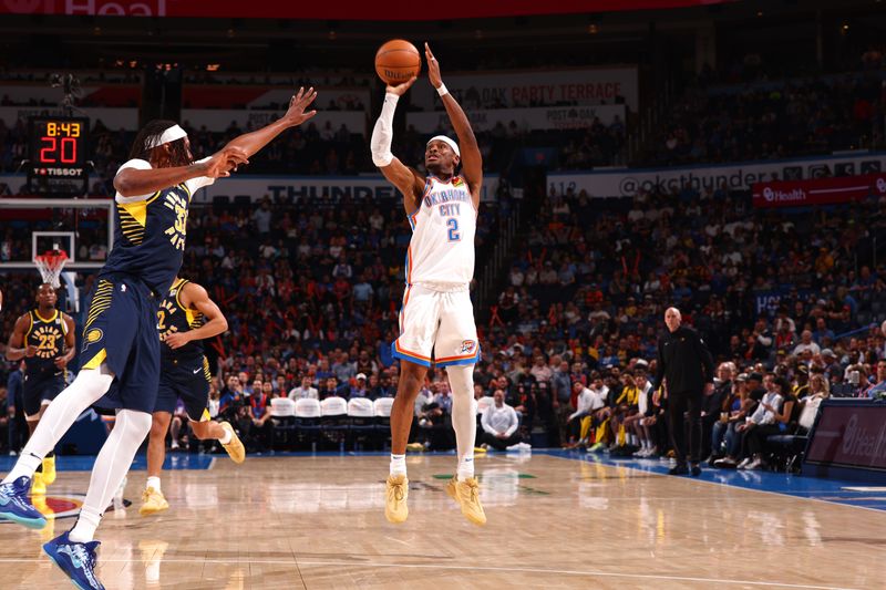 OKLAHOMA CITY, OK - MARCH 29: Shai Gilgeous-Alexander #2 of the Oklahoma City Thunder shoots a three point basket during the game against the Indiana Pacers on March 29, 2025 at Paycom Center in Oklahoma City, Oklahoma. NOTE TO USER: User expressly acknowledges and agrees that, by downloading and or using this photograph, User is consenting to the terms and conditions of the Getty Images License Agreement. Mandatory Copyright Notice: Copyright 2025 NBAE (Photo by Zach Beeker/NBAE via Getty Images)