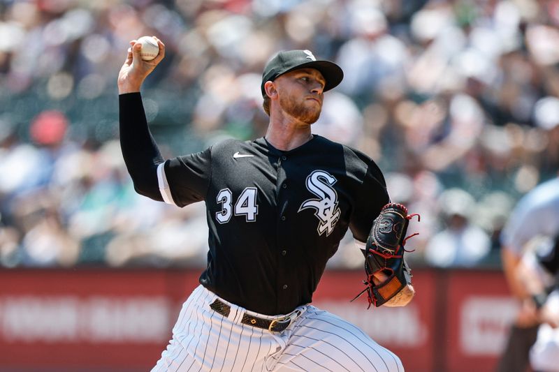 Jun 10, 2023; Chicago, Illinois, USA; Chicago White Sox starting pitcher Michael Kopech (34) pitches against the Miami Marlins during the first inning at Guaranteed Rate Field. Mandatory Credit: Kamil Krzaczynski-USA TODAY Sports