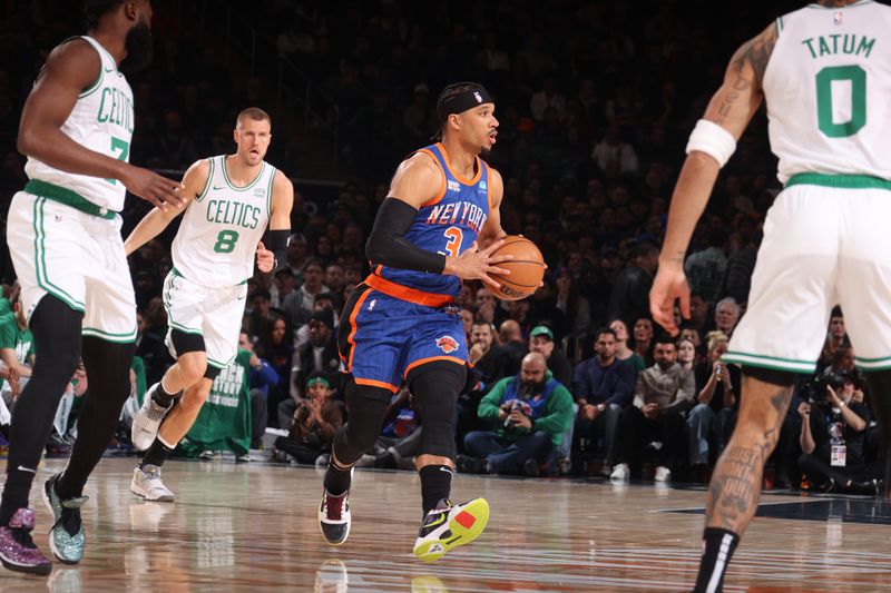 NEW YORK, NY - FEBRUARY 24: Josh Hart #3 of the New York Knicks passes the ball during the game against the Boston Celtics on February 24, 2024 at Madison Square Garden in New York City, New York.  NOTE TO USER: User expressly acknowledges and agrees that, by downloading and or using this photograph, User is consenting to the terms and conditions of the Getty Images License Agreement. Mandatory Copyright Notice: Copyright 2024 NBAE  (Photo by Nathaniel S. Butler/NBAE via Getty Images)