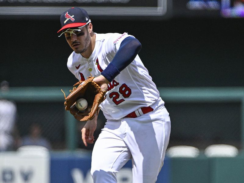 Aug 6, 2023; St. Louis, Missouri, USA;  St. Louis Cardinals third baseman Nolan Arenado (28) fields a ground ball against the Colorado Rockies during the sixth inning at Busch Stadium. Mandatory Credit: Jeff Curry-USA TODAY Sports