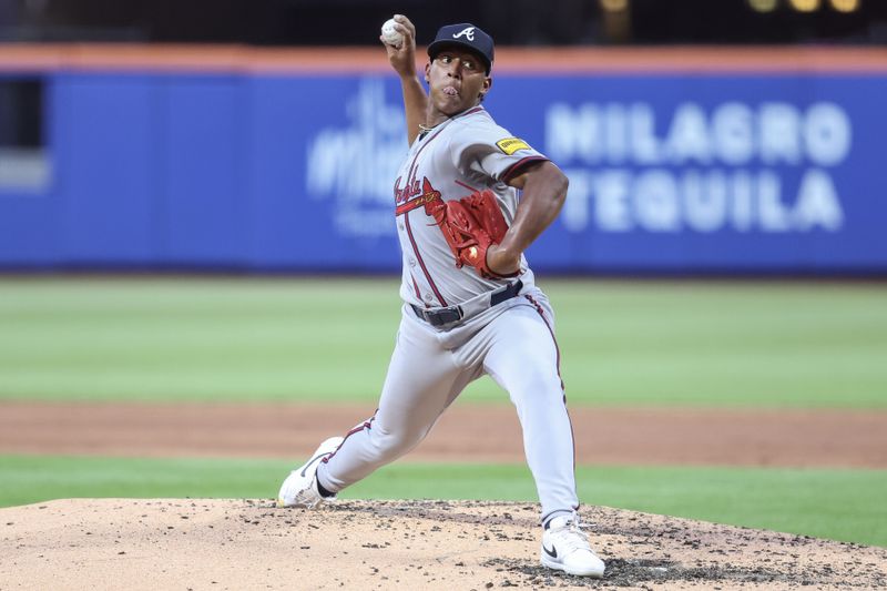 Jun 25, 2025; New York City, New York, USA;  Atlanta Braves starting pitcher Didier Fuentes (75) pitches in the third inning against the New York Mets at Citi Field. Mandatory Credit: Wendell Cruz-Imagn Images